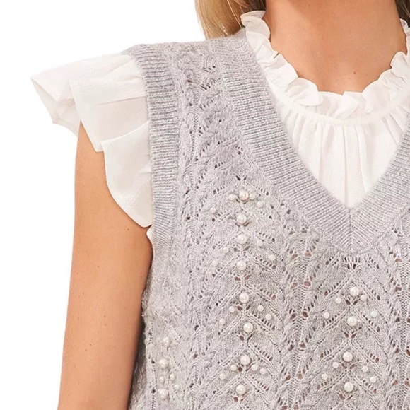 CeCe Women's V-Neck Imitation Pearl Detail Cable Vest Sweater Size Medium - Picture 4 of 11